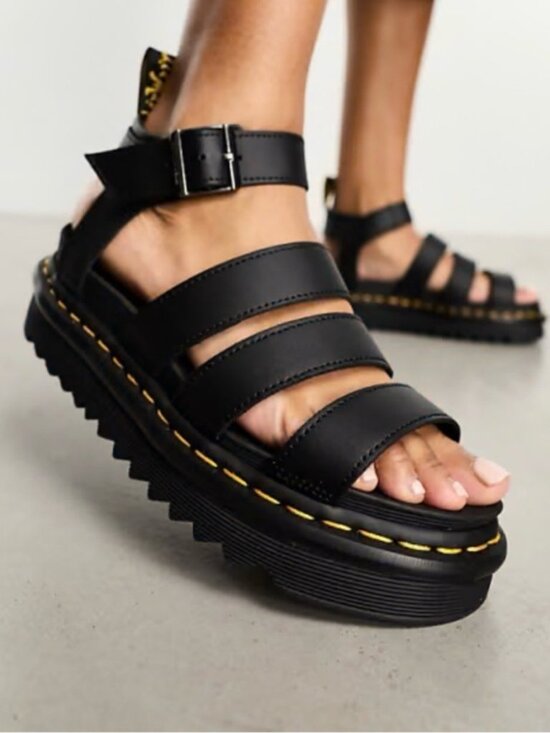 Dr. Martens Shoes - Dr. Martens Black Leather Platform Buckle Three Strap Chunky Sandals Blaire